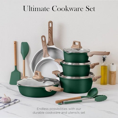 Country Kitchen Nonstick Pots and Pans Set - 14 Pcs Cast Aluminum Cookware with Utensils | Sage Color