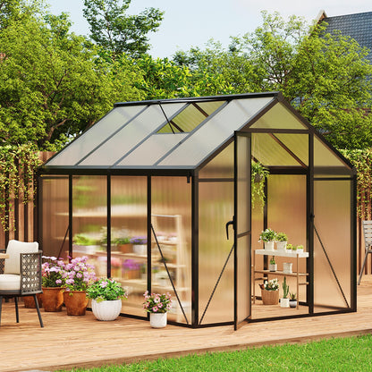 GarveeLife 6x8 FT Greenhouse for Outdoors, Polycarbonate Greenhouse with Roof Vent, Ground Nails, Lockable Push Door, Aluminum Large Walk-in Green House for Outside Garden Backyard, Patio, Lawn, Black