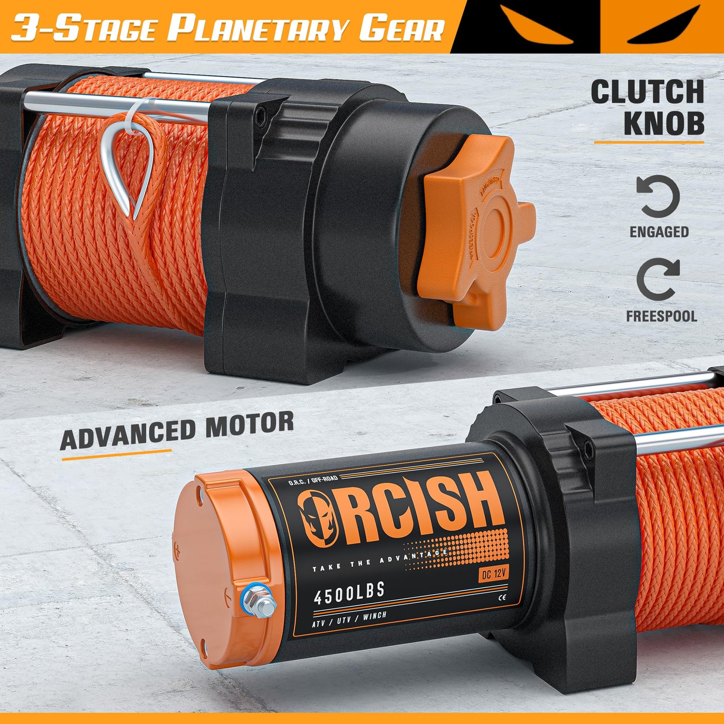 ORCISH 4500 lb 12V DC Waterproof Electric Winch, ATV/UTV Winch Kit for Towing, 1/4"×50' Synthetic Rope with Both Wireless Handheld Remote and Corded Control Recovery, Easy Assembly Winches