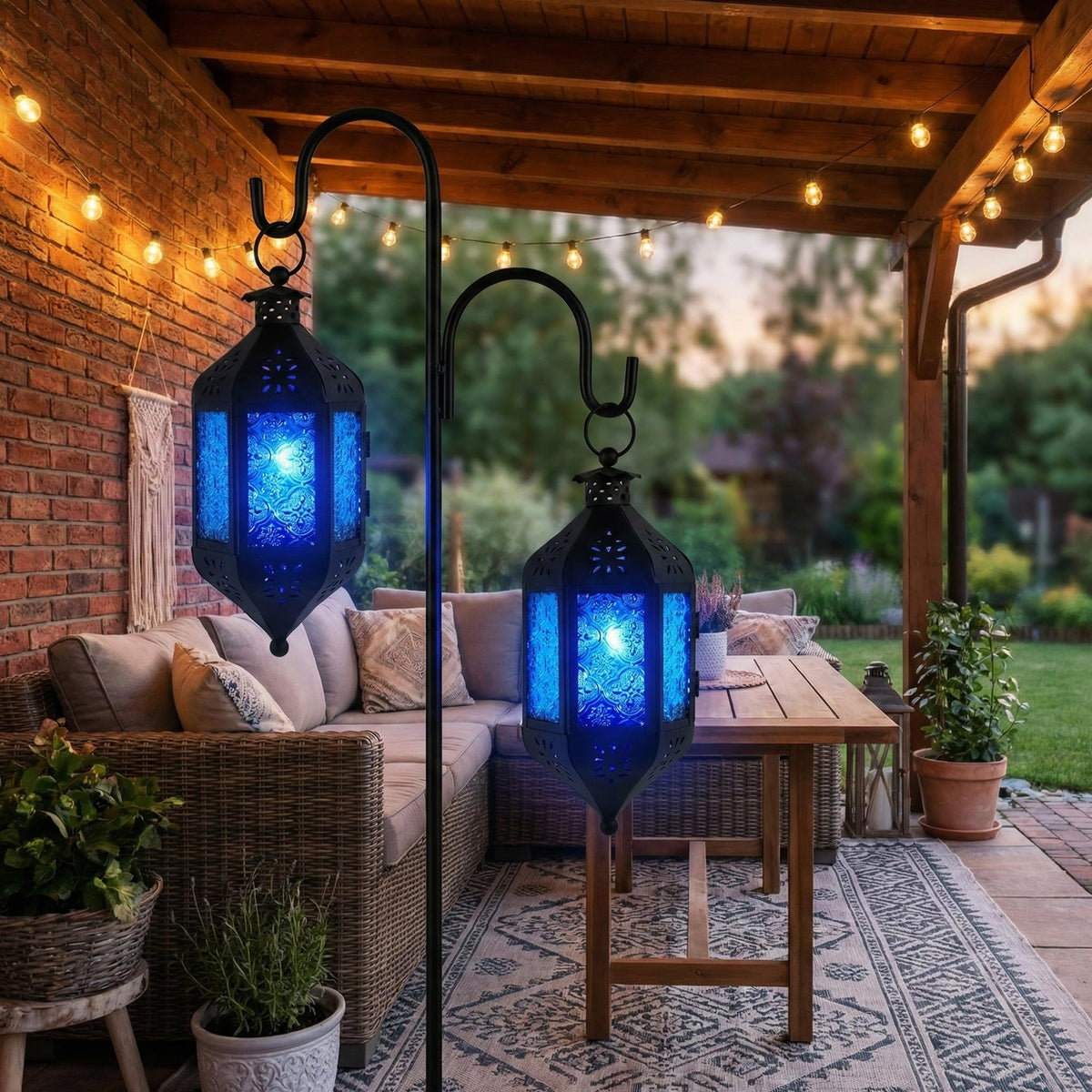 Vela Lanterns Hanging Moroccan Lamp - Exotic Decorative Patio & Porch Decor, Indoor Outdoor Tea Light Candle Lantern Holder with Chain (11" Medium, Blue Glass)