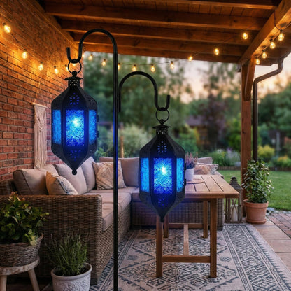 Vela Lanterns Hanging Moroccan Lamp - Exotic Decorative Patio & Porch Decor, Indoor Outdoor Tea Light Candle Lantern Holder with Chain (11" Medium, Blue Glass)