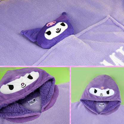 Hello Kitty Sanrio Kuromi Blanket Hoodie Girls, Teens, Kawaii Fleece Wearable Blanket with Plush, Loungewear Gifts for Girls (Purple Kuromi)