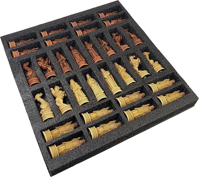 Antique Ivory &amp Brown Norse Viking Chess Set with 17 Burlwood Color Board
