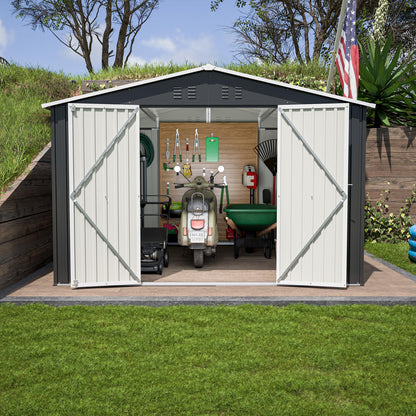 10'x10' Galvanized Steel Storage Shed with 4 Top Air Vents, Lockable Double French Door Large Garden Tool Shed, Black