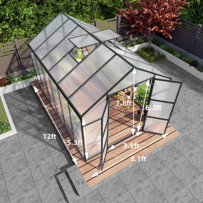 YOPTO 8x12T Greenhouse,Outdoor Polycarbonate Greenhouse with Roof Vent & Drainage System,Heavy Duty Aluminum Walk-in Green Houses for Outside Garden Backyard,Easy Assembly,Black