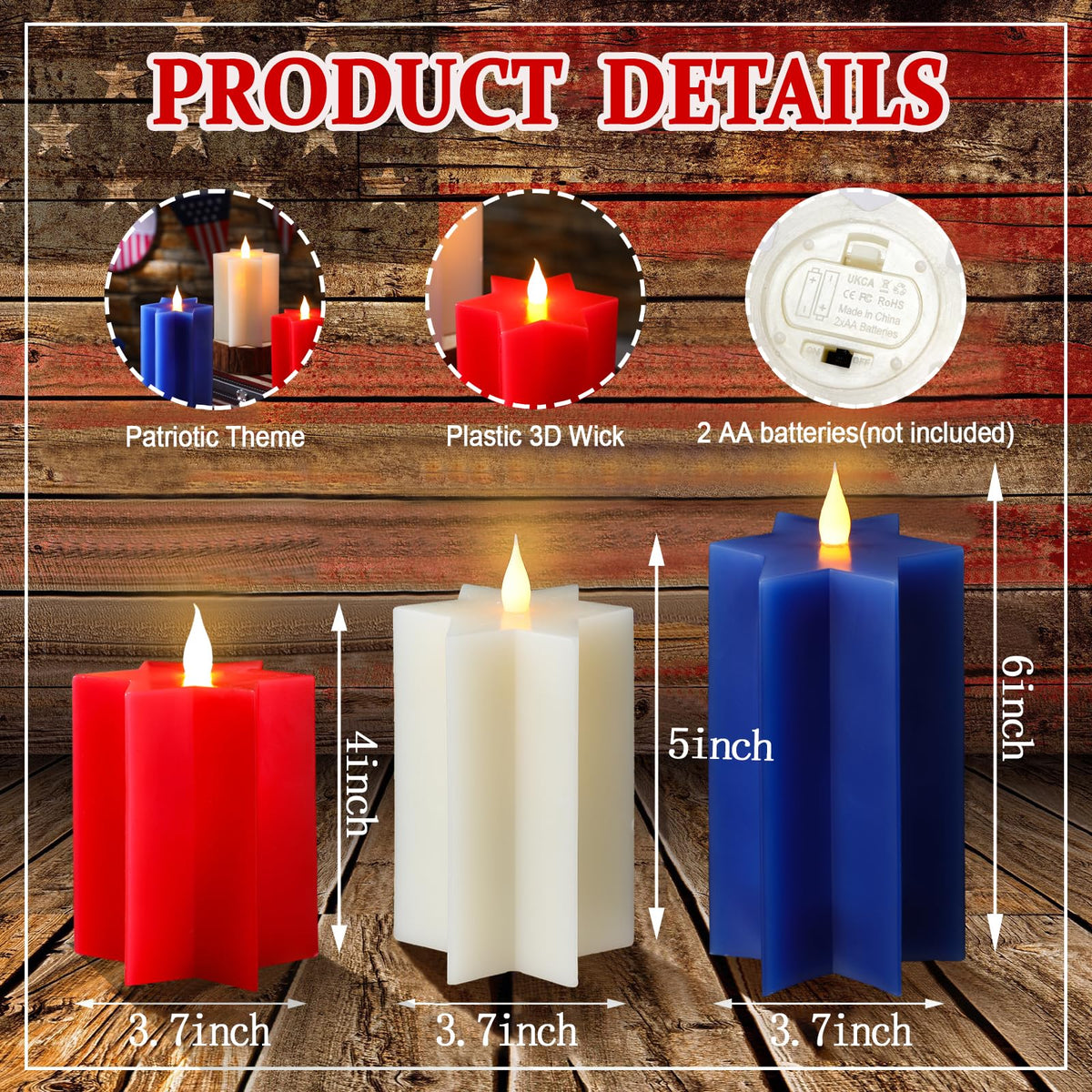 LCZLUMIPRO 3 Pack Star Shaped 4th of July Flameless Candles, Red White and Blue Patriotic Battery Operated LED Candles, Decorative Pillar Candles for Independence Day Home Party Decor