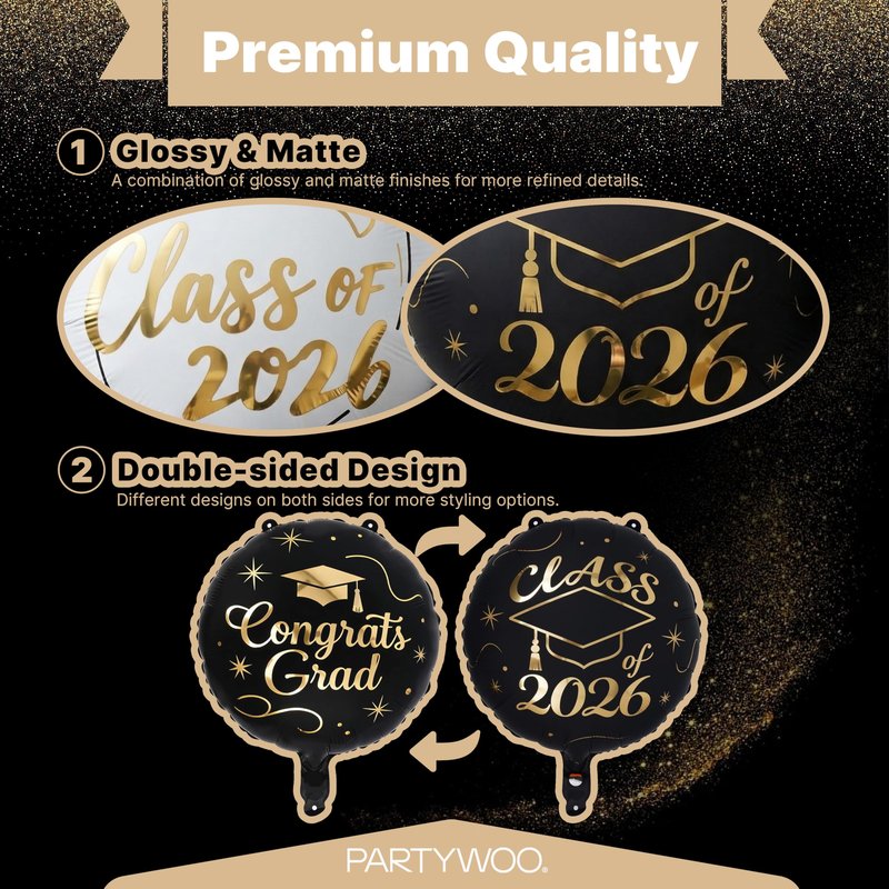 PartyWoo Graduation Balloons Class of 2026 Black White Gold 12pcs Balloons 40 Inch 2026 Foil Number Balloons 18 Inch Congrats Grad Mylar Balloons for Black White Graduation Decorations Party Supplies