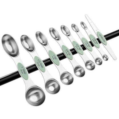 Spring Chef Magnetic Measuring Spoons Set, Dual Sided, Stainless Steel, Fits in Spice Jars, Pistachio, Set of 8, 2 Pack