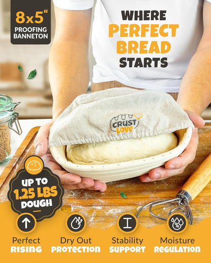 CRUSTLOVE Dutch Oven for Baking - incl. Sourdough Baking Supplies like Banneton Proofing Basket - 6.75QT Enameled Oval Cast Iron Bread Oven with Lid and Scoring Tool Lame
