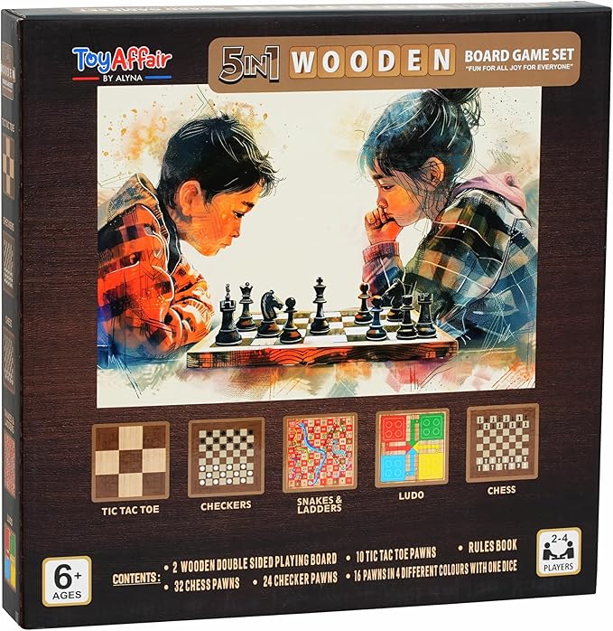 Ankit Toys &amp Games 5-in-1 Wooden Board Game Set Includes Ludo Snakes &amp Ladders Chess Checkers and Tic Tac Toe. Portable Fun for Kids Adults and Family Game Nights | 2 Reversible Boards