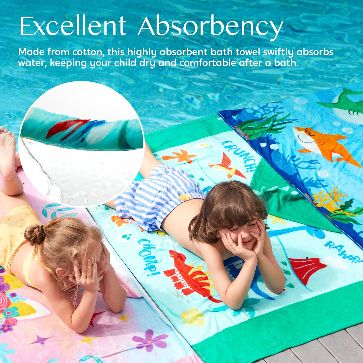 Joiedomi Dinosaur Hooded Towels for Kids Soft 100% Cotton Kids Beach Towel 30" x 50" for 3-8 Years Boy Girl Beach Hooded Poncho Absorbent Pool Toddler Swim Bath Wrap