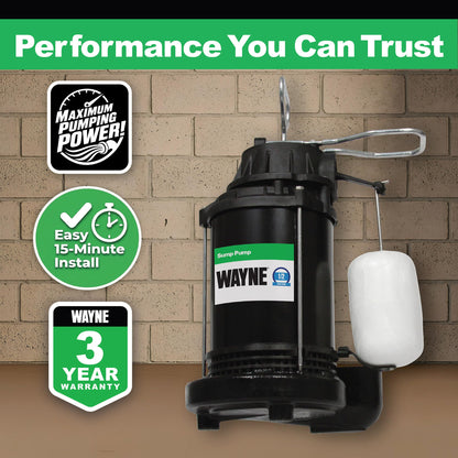 WAYNE CDU800 1/2 HP Submersible Sump Pump – Cast Iron & Stainless Steel, Vertical Float Switch, 5,100 GPH, 3-Year Warranty
