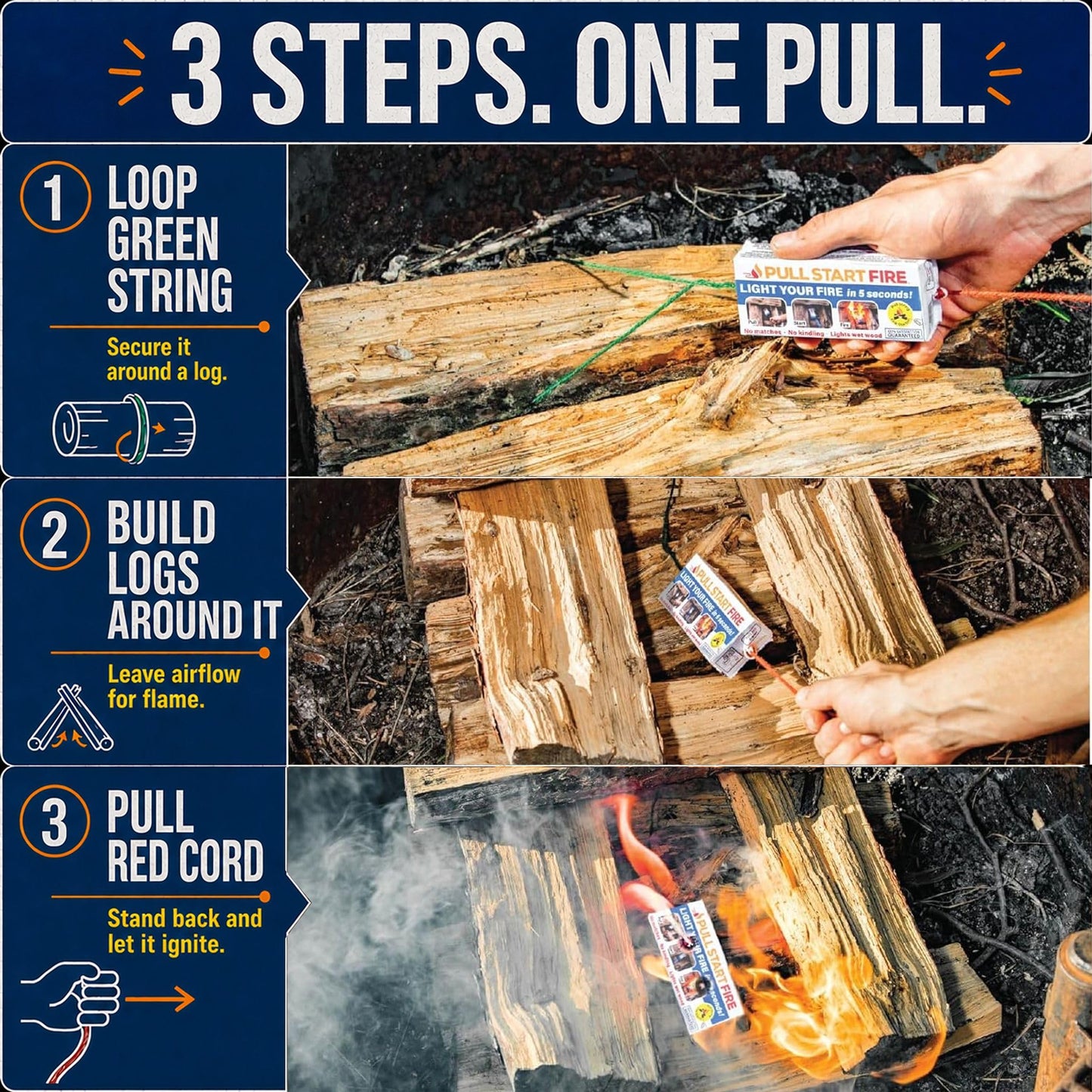 Pull Start Fire Pull String Fire Starter - No Matches Required, Lights Wet Wood, Chimney Starter, Food Safe Firestarter Brick for Campfire Grill, BBQ, Fireplace, Firepit, Burns 30 Minutes - 12 Count