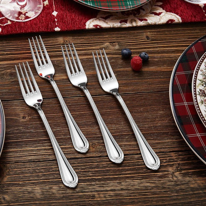 KEAWELL Pearl Edge 4-Piece Premium Fork Set, 18/10 Stainless Steel, Fine Silverware with Mirror Finish, Dishwasher Safe (4, 8" Dinner Forks)