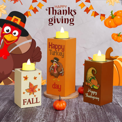 BlcTec Thanksgiving Decorations for Home 3 PCS Wood Candle Holders with LED Tea Lights & 3D Carving Craft, Rustic Candle Centerpieces for Home, Table, Office, Tiered Tray Fall Decor Thanksgiving Decor
