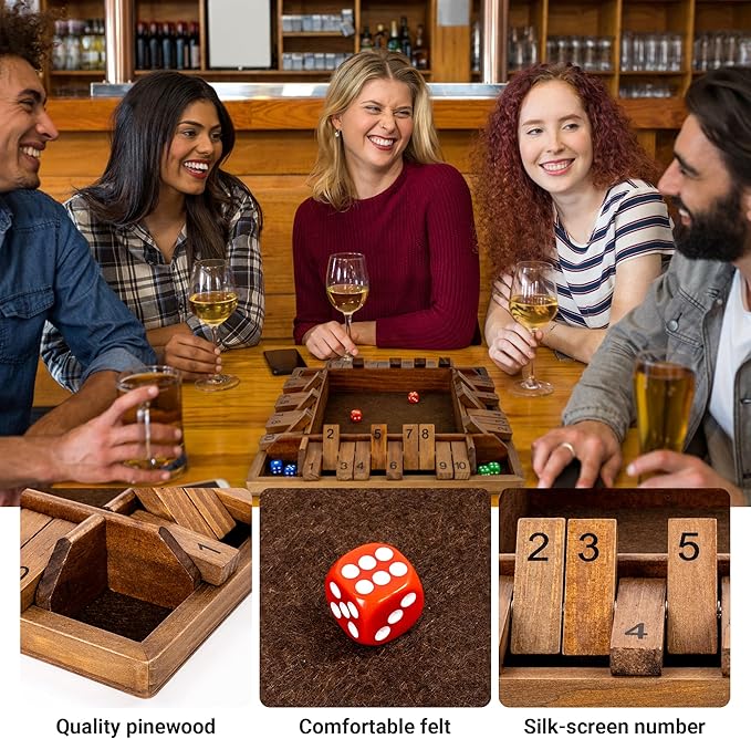 ropoda 14 Inches 4-Way Shut The Box Game (2-4 Players) for Kids &amp Adults (4 Sided Large Shut The Board Game Wooden 8 Dice) – Vintage StyleClose The Box Gamedice Game
