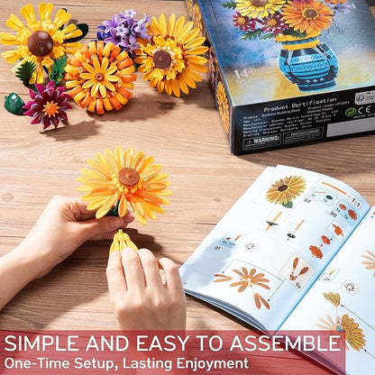 Sunflower Bouquet Building Blocks w/ Vase Set 1065 PCS Botanical Collection Birthday Gifts for Mom Women Grandma Adult Her Mother's Day Artificial Flower Home Decor Stocking Stuffers for Teen Girls