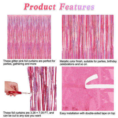 2 Pack Glitter Pink Backdrop, 3.28 FT x 7.05 FT Birthday Party Decorations, Laser Pink Fringe Curtains Foil Streamer Tinsel, Pink Curtains Photo Backdrop Happy Birthday Valentines Day Backdrop