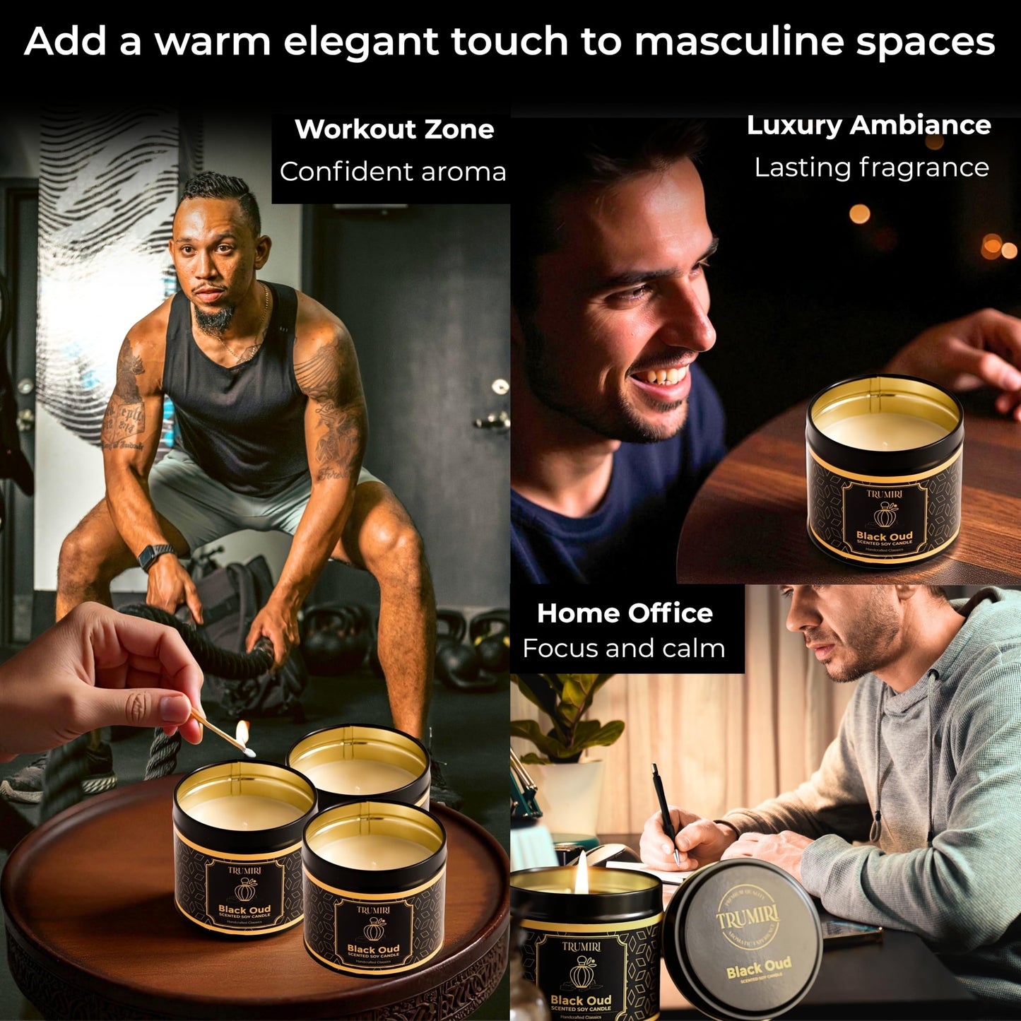 Black Oud Candle Highly Scented Soy Candel Natural Non Toxic Velas Aromáticas Gift for Men 5Oz Decorative Tin Jars with Lids Pack of 3