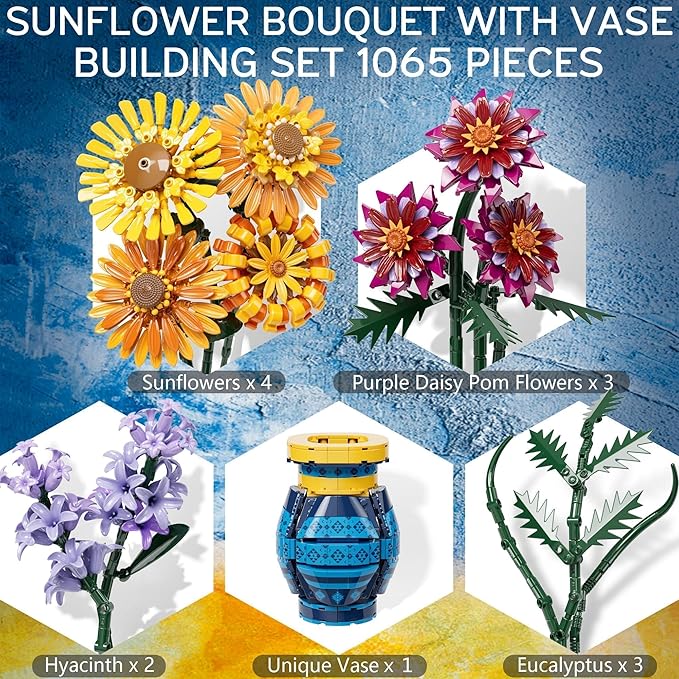 Sunflower Bouquet Building Blocks w/ Vase Set 1065 PCS Botanical Collection Birthday Gifts for Mom Women Grandma Adult Her Mother's Day Artificial Flower Home Decor Stocking Stuffers for Teen Girls