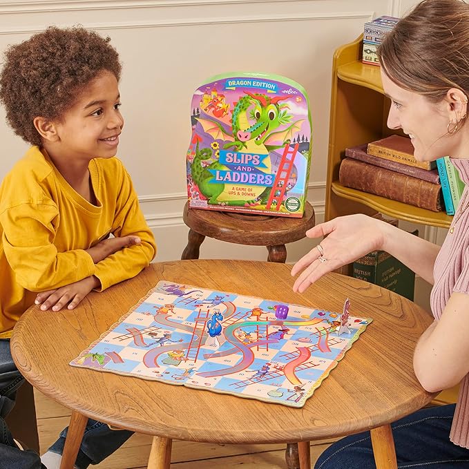 eeBoo: Slips &amp Ladders - Dragon Edition – A Classic Board Game of Ups &amp Downs Whimsical Fantasy Theme Holographic Foil Accents Kids 5+ 2-4 Players