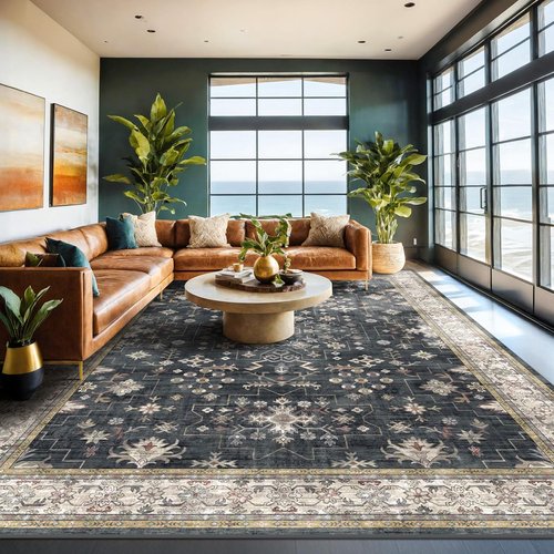 Boho Black Rug - Washable 10x14 Area Rug | Soft Low Pile Carpet for Living Room & Dining Room - Non-Slip, Stain Resistant