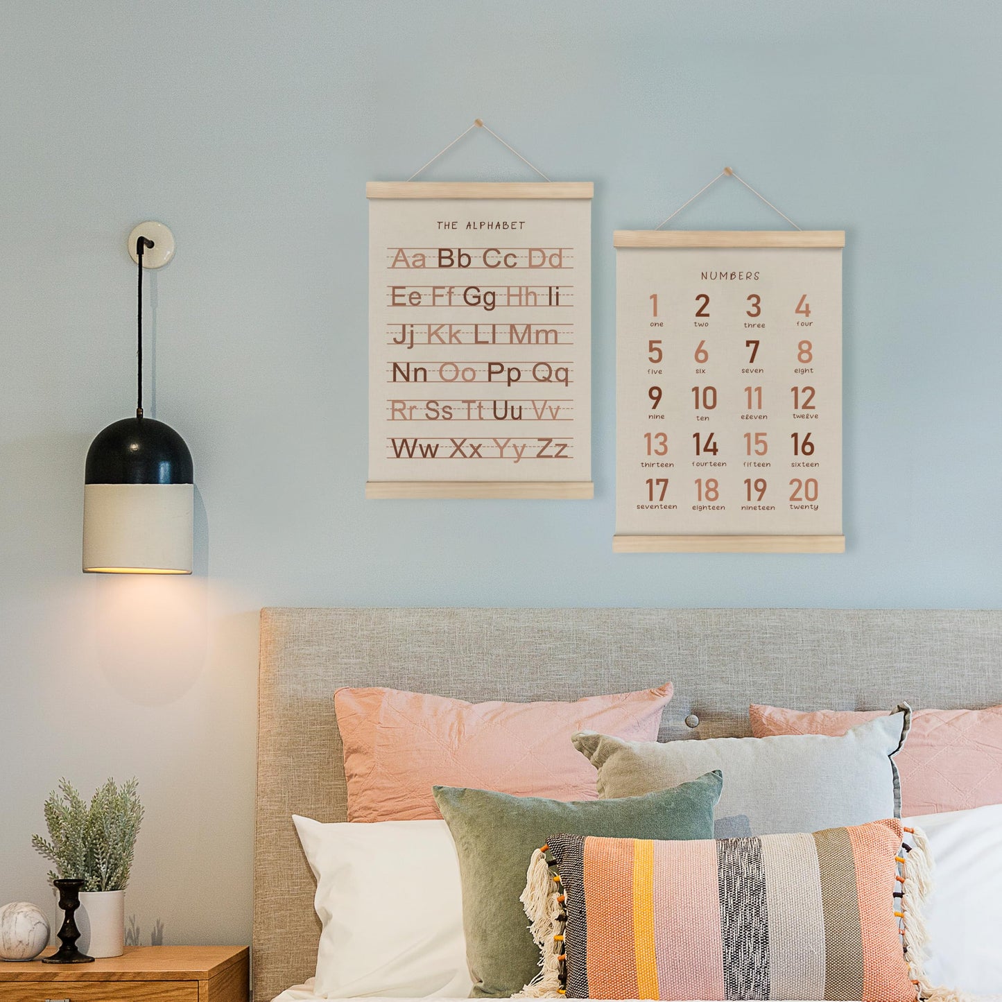HRQKO Alphabet Numbers Poster Hanger Frame Set of 2, Girls Nursery Wall Decor, ABC Poster Wall Art with Wooden Frames, Burnt Orange Alphabet Banner Wall Hanging Decor for Toddler Playroom,12x16 Inch