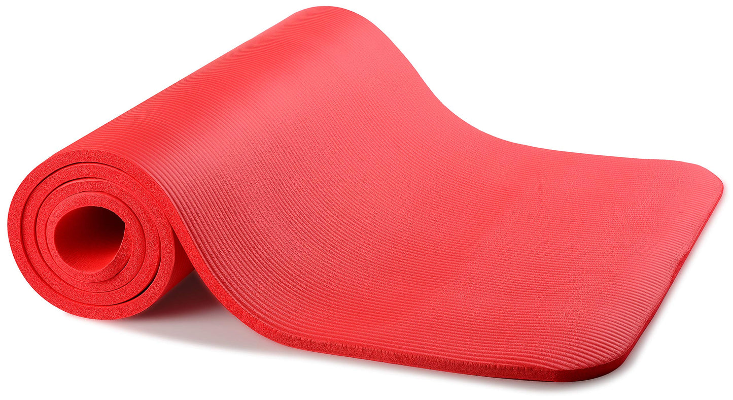 Fitvids All Purpose 1/2-Inch Extra Thick High Density Anti-Tear Exercise Yoga Mat with Carrying Strap and Yoga Blocks, Red