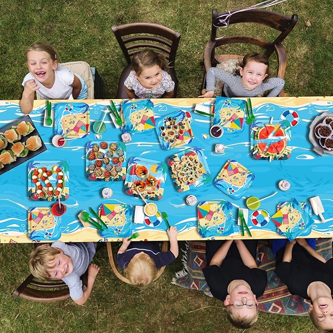 Beach Theme Party Supplies Summer Pool Pack Includes: Paper Dinner Plates Dessert Plates Luncheon Napkins Cups and Tablecloth for Hawaiian Party Birthday Decorations Serve 25