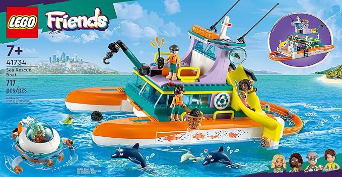 LEGO Friends Sea Rescue Boat 41734 Building Toy Set for Boys &amp Girls Ages 7+ Who Love The Sea Includes 4 Mini-Dolls a Submarine Baby Dolphin and Toy Accessories for Ocean Life Role Play