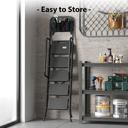 BONTEC 5-Step Ladder, 400lbs Max Load, Folding Step Stool with Tool Tray, Tool Bag, Handrails, Wide Anti-Slip Pedals, Sturdy Steel Ladder for Household & Work Use, Black