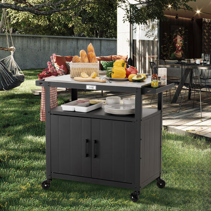 Feasto Outdoor Grill Cart with Stainless Steel Tabletop and Storage Cabinet, Movable Kitchen Island with Wheels for BBQ Food Prep, Black
