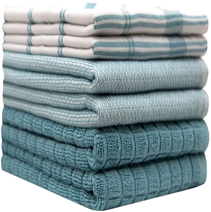 Premium Kitchen Towels (20”x 28”, 6 Pack) | Large Cotton Dish Towels | Flat & Terry Highly Absorbent Kitchen Linen Set with Hanging Loop | Teal Check