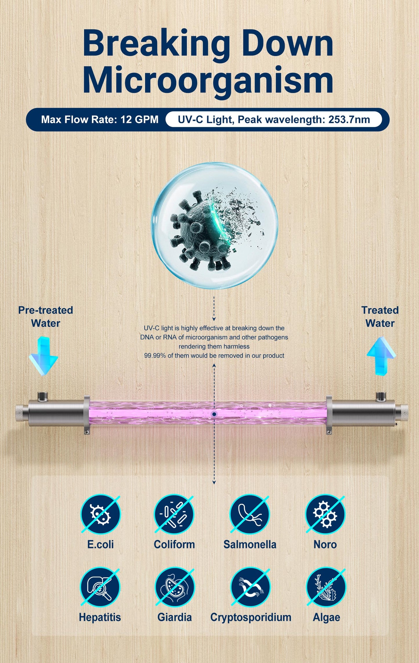 HQUA-OWS-12 120V 40W 3/4" MNPT Inlet/Outlet Whole House Ultraviolet Water Purifier Filter, + 1 Extra UV Bulb