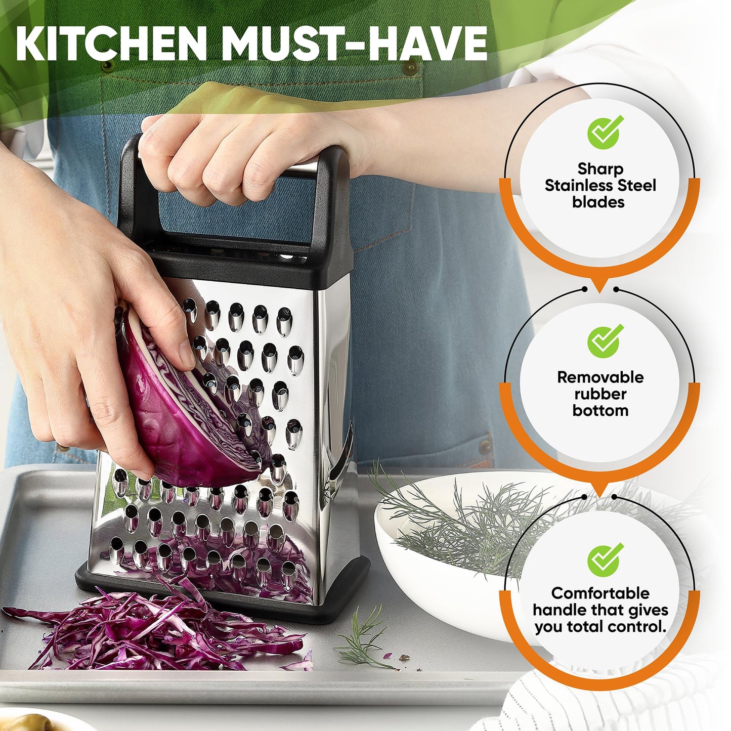 Spring Chef Professional Cheese Grater - Stainless Steel, XL Size, 4 Sides - Perfect Box Grater for Parmesan Cheese, Vegetables, Ginger - Dishwasher Safe - Black