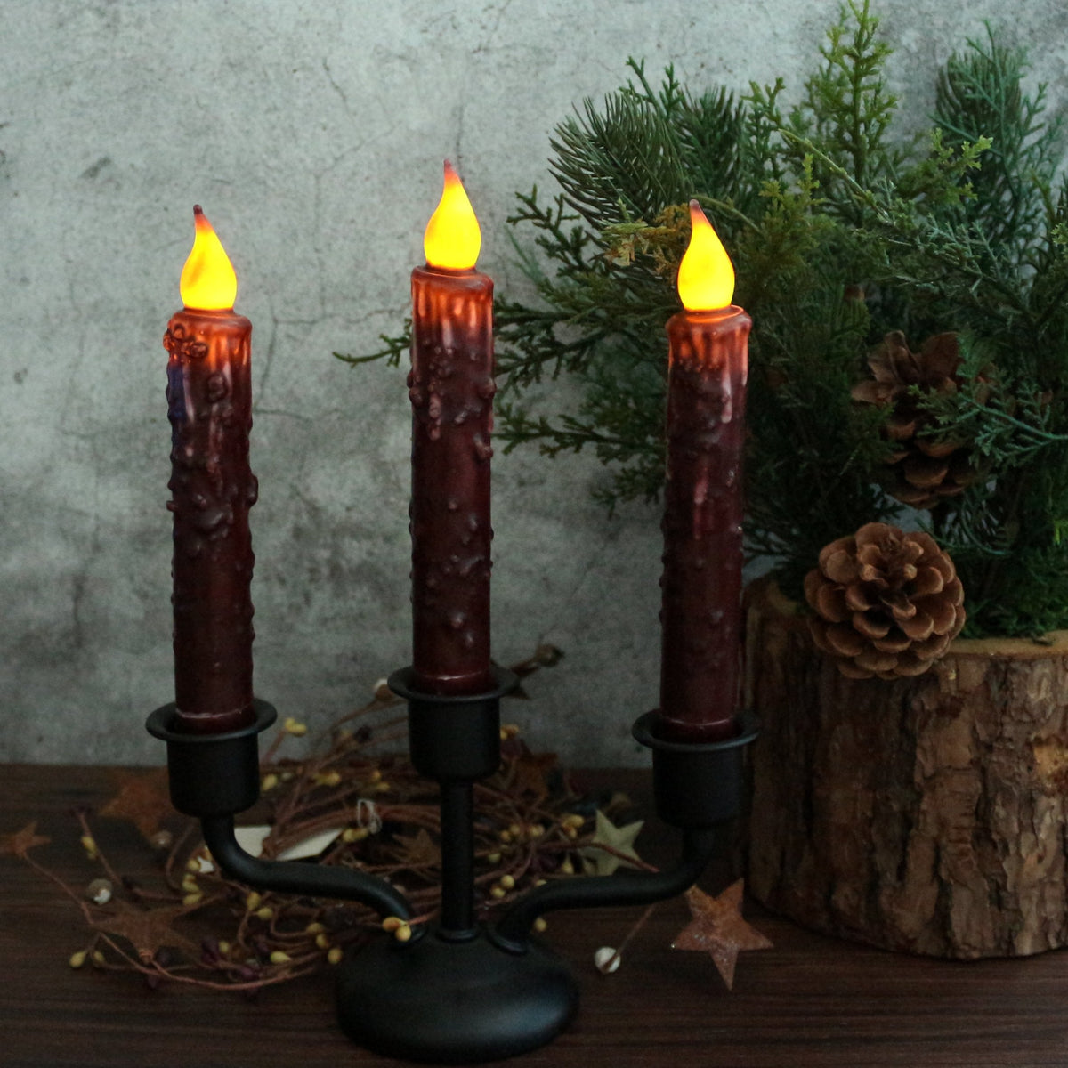 CVHOMEDECO. Real Wax Hand Dipped Battery Operated LED Timer Taper Candles Country Primitive Flameless Lights Décor, 6-3/4 Inch, Burgundy, 2 PCS in a Package