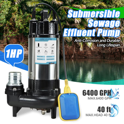 1HP Sewage Grinder Pump Submersible Effluent Pump, Sump Pump 110V 6400GPH with Automatic Float Switch,Stainless steel body and reamer.2'' NPT Discharge for Basement, Sump Basin.