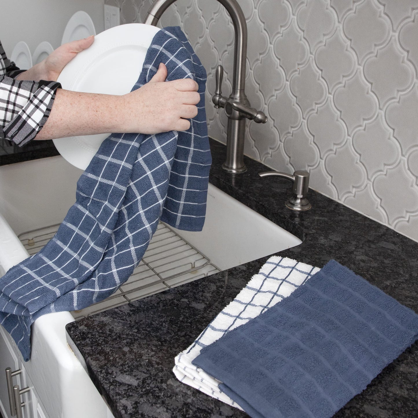 Ritz Premium 100% Cotton Terry Check Kitchen Dish Towels - Highly Absorbent, Super Soft, Long-Lasting, 25"x15", 3-Pack, Federal Blue