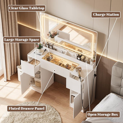 INNOD 44" Vanity Desk with Large Mirror and Lights, Modern Glass Top Makeup Vanity Set with Power Outlet, 3 Drawers and 2 Cabinet, 3 Lighting Color Adjustable Dressing Table for Bedroom,Pure White