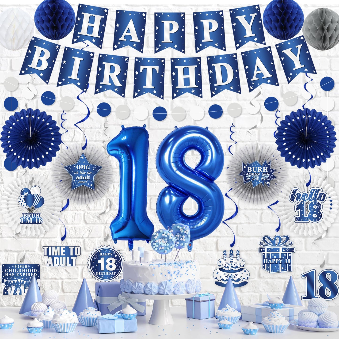 Vlipoeasn 18th Birthday Decorations Set for Boys, Blue Silver 18 Year Old Birthday Banner, Paper Fans,Bruh I'm 18 Party Supplies