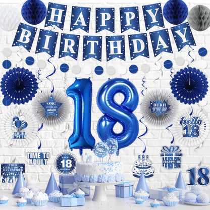 Vlipoeasn 18th Birthday Decorations Set for Boys, Blue Silver 18 Year Old Birthday Banner, Paper Fans,Bruh I'm 18 Party Supplies