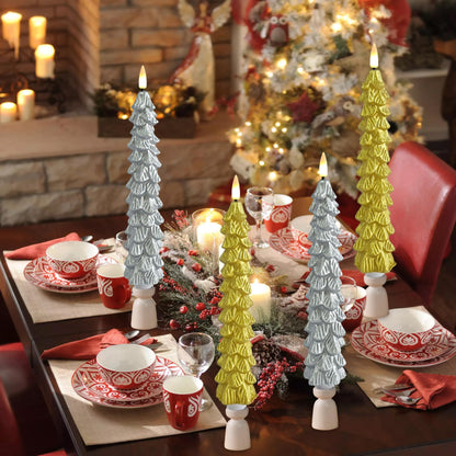 FCMSHAMD Gold Christmas Trees Flickering Flameless Candles with Remote and Timer, Real Wax 3D Flame Wick LED Candles, 9.8 Inch Battery Operated Candles for Christmas Home Decoration，4PCS