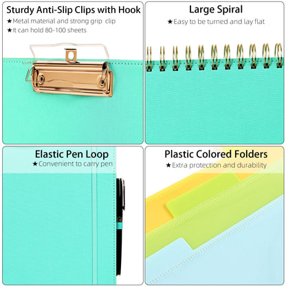 Ospelelf Foldable Spiral Clipboard Folio with Storage Zipper Pouch, 5 Plastic Folders with 10 Pockets,Refillable Lined Notepad (11" x 8.5"), Hardcover Project Organizer with 39 Stickers (Aqua)