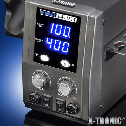 X-Tronic 6040-PRO-X • Platinum Series • 700 Watt • Hot Air Rework Soldering Iron Station • Digital Temp Controls, C/F Func, 0-30 Min Sleep, Auto Cool Down, Mute/Unmute Sound & Patented Nozzle Holder!