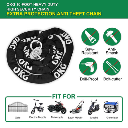 OKG Extra Long Security Chain - 10-Foot x 3/8" Thick Heavy Duty, Eco-Zinc Plated - Uncuttable for Outdoor & Indoor Use - Bike & Motorcycle Lock Chain - For Two+ 2-Wheeled Vehicles