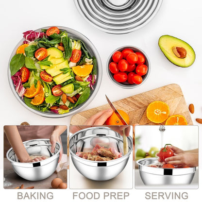 E-far Mixing Bowls with Lids Set, 7-Piece Stainless Steel Metal Mixing Bowls with Grater Attachments, Size 4.6, 3.5, 2.6, 2, 1.5, 1, 0.7QT, Nesting Design & Khaki Airtight Lids, For Cooking/Serving
