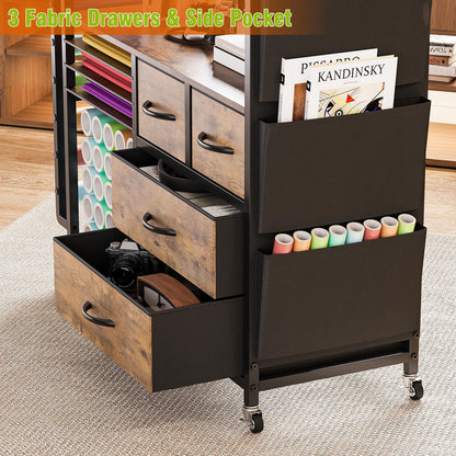 VENNQD Large Craft Organizer and Storage Rolling Cart Compatible with Cricut Machine with Fabric Drawers Vinyl Roll Holder Accessories for Home Craft Workstation Room (Rustic Brown)