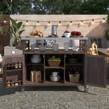 EOAWE Outdoor Grill Cart with Storage, Rolling Bar Cart and Lockable Wheels, Farmhouse Solid Wood Outdoor Grill Table with Stainless Steel Top, Spice Rack, Towel Rack for Kitchen and BBQ, Dark Brown