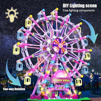 Ferris Wheel Building Block Set with Fairy Light Two-Way Rotating Ferris Wheel Building Set 813 Pieces Amusement Park Interlocking Blocks Toys for Ages 8-13 Gift Idea for Boys and Girls