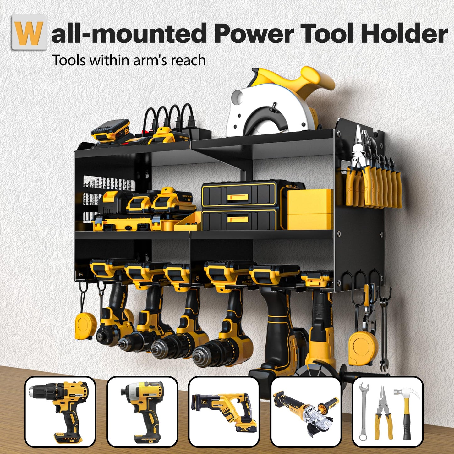 Spampur Power Tool Organizer Wall Mount with Charging Station, 3 Layer Heavy Duty Metal Tool Storage Rack Loads 4200lbs with 6 Cordless Drill Holder, Tool Storage Rack with 4 Outlet Power Strip